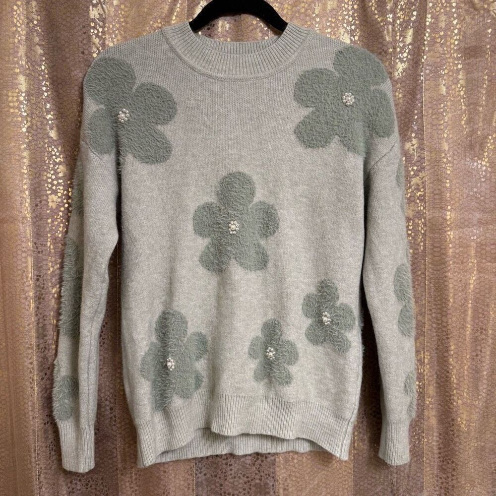Nanette Lepore Light Sage Green Retro Pearl‎ Fuzzy Floral Sweater XS